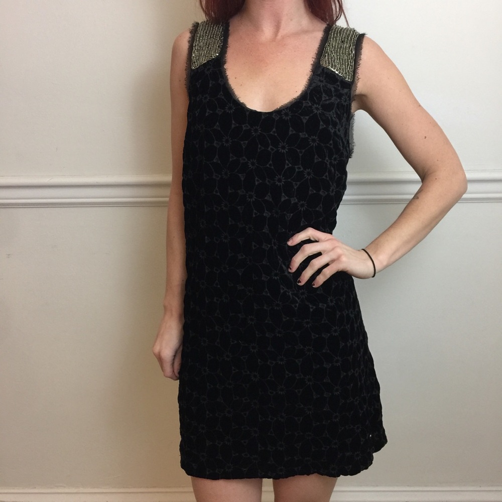 Free People Black Eyelet Velvet Bib Shift Dress